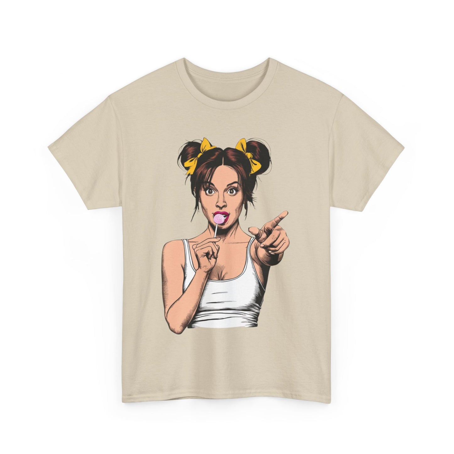 Sexy PopArt Girl with pigtails and Sucker Unisex heavy cotton Tshirt