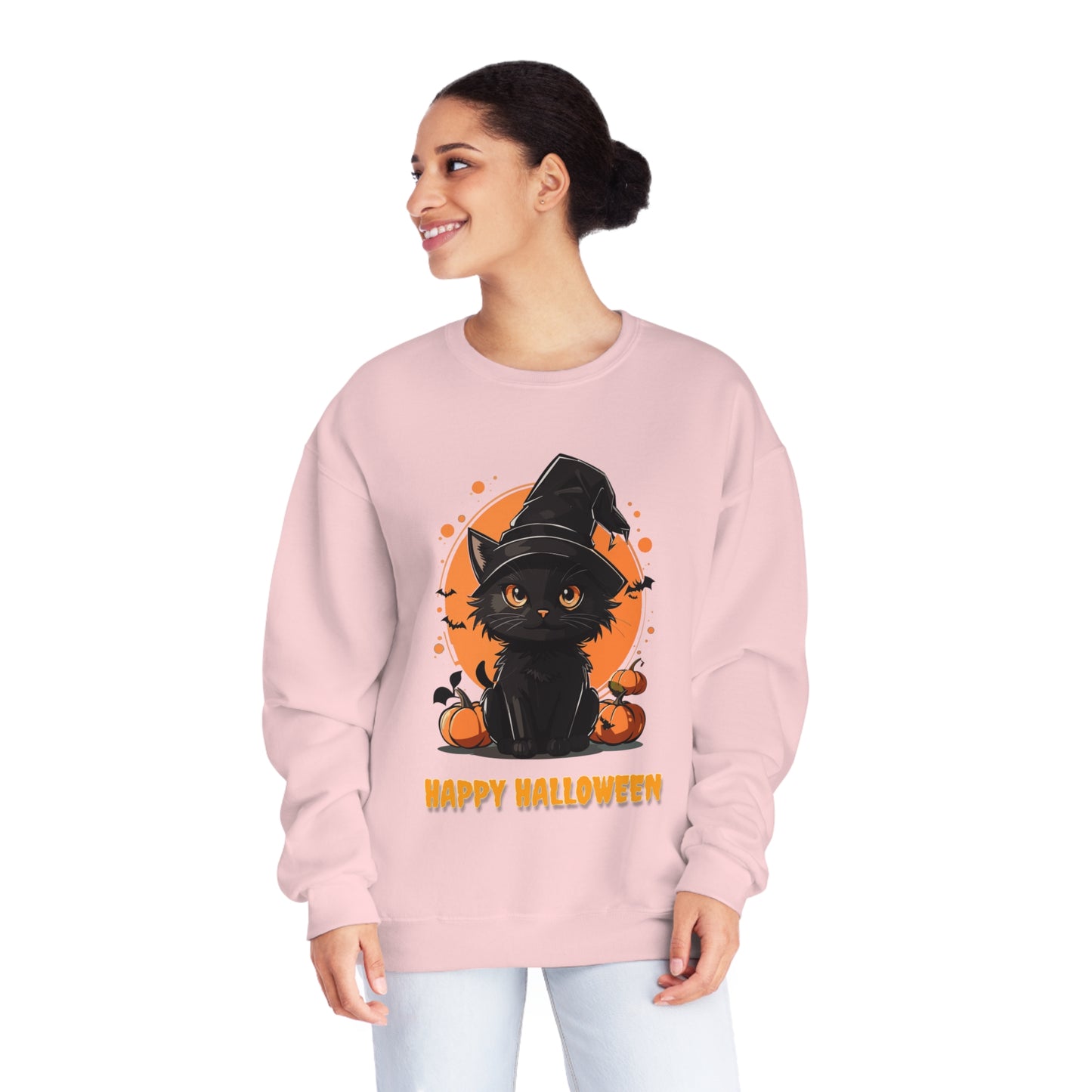 Halloween Cat Sweatshirt Unisex Funny Cat Witch Hat Graphic Shirt Gifts Spooky Long Sleeve Crewneck Shirt Tops