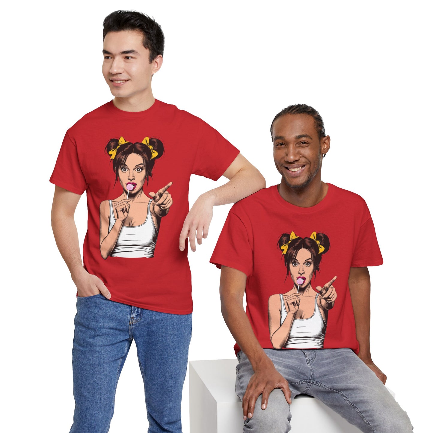 Sexy PopArt Girl with pigtails and Sucker Unisex heavy cotton Tshirt