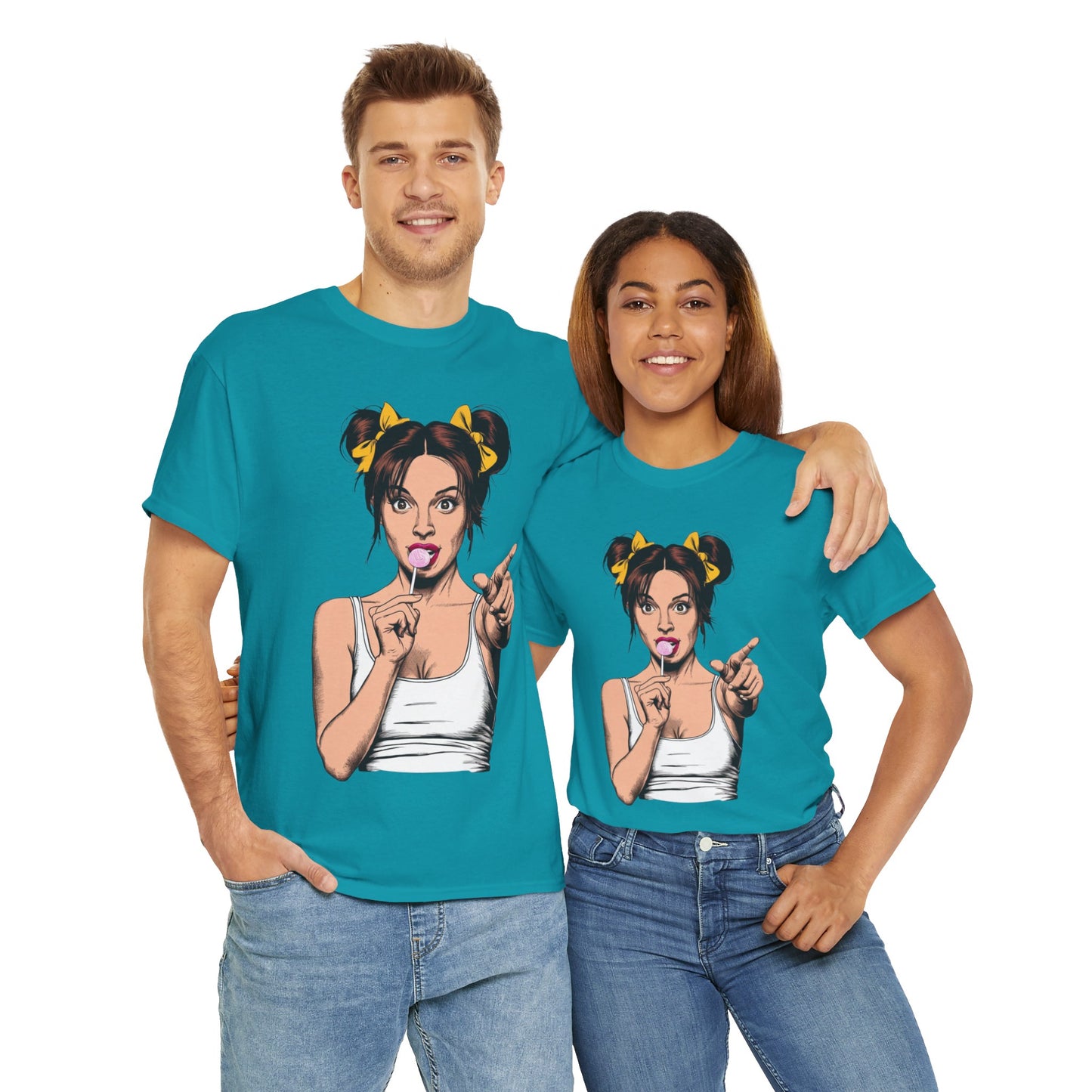 Sexy PopArt Girl with pigtails and Sucker Unisex heavy cotton Tshirt