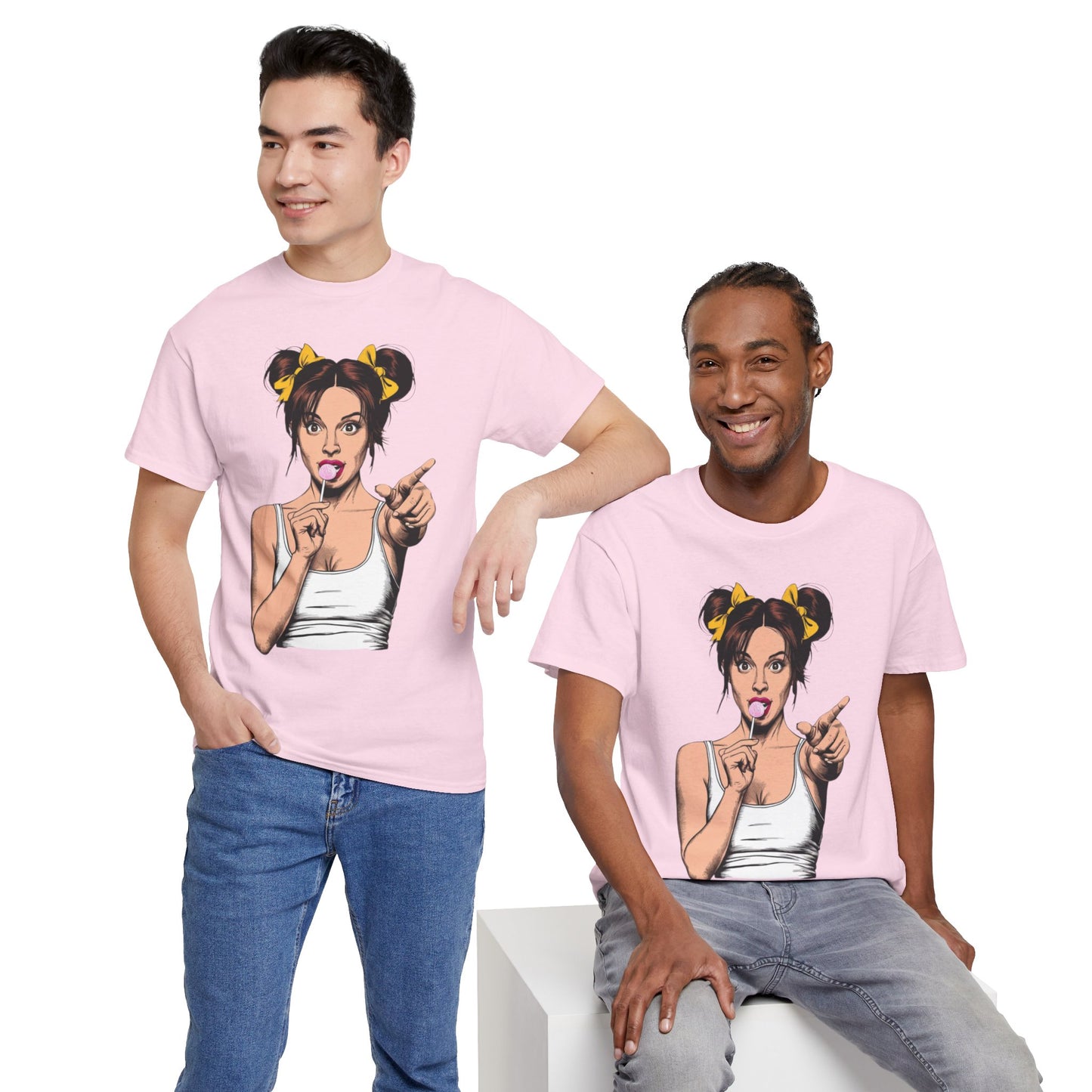 Sexy PopArt Girl with pigtails and Sucker Unisex heavy cotton Tshirt