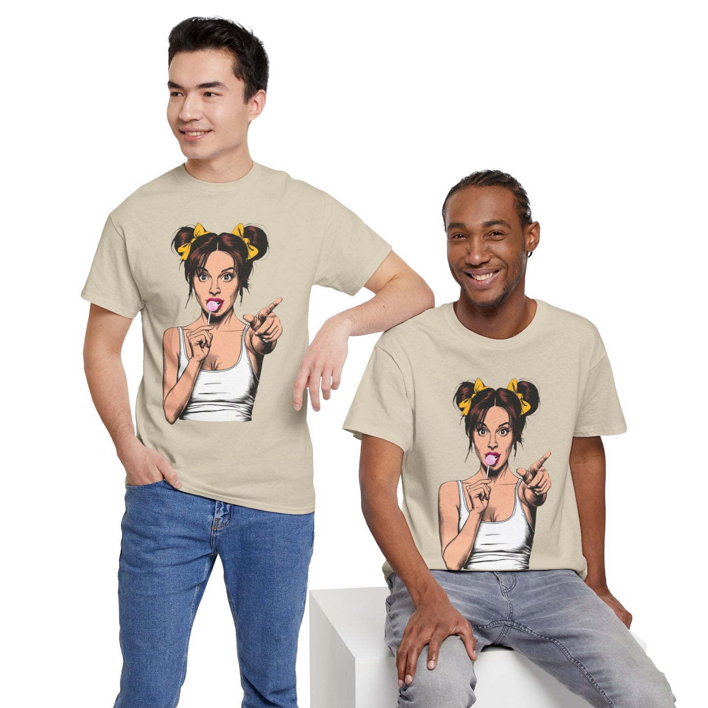 Sexy PopArt Girl with pigtails and Sucker Unisex heavy cotton Tshirt