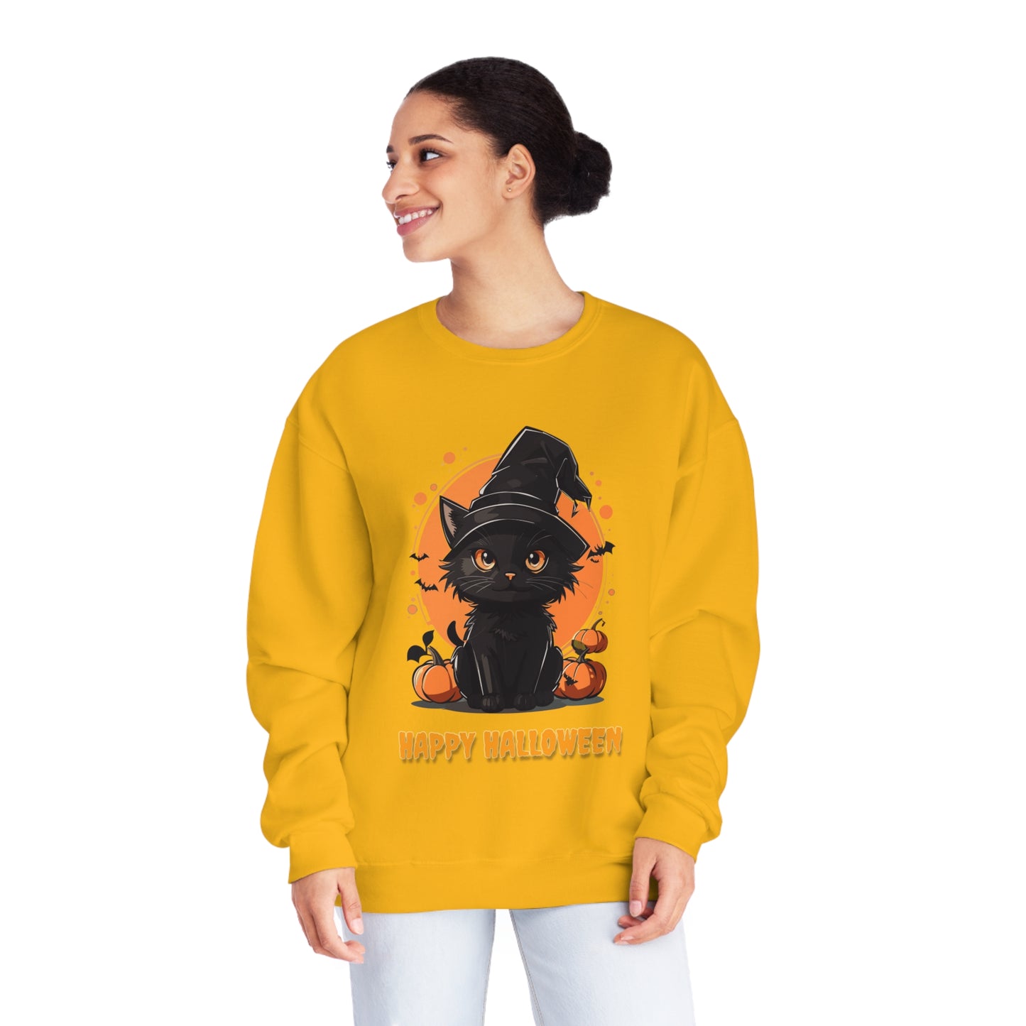 Halloween Cat Sweatshirt Unisex Funny Cat Witch Hat Graphic Shirt Gifts Spooky Long Sleeve Crewneck Shirt Tops