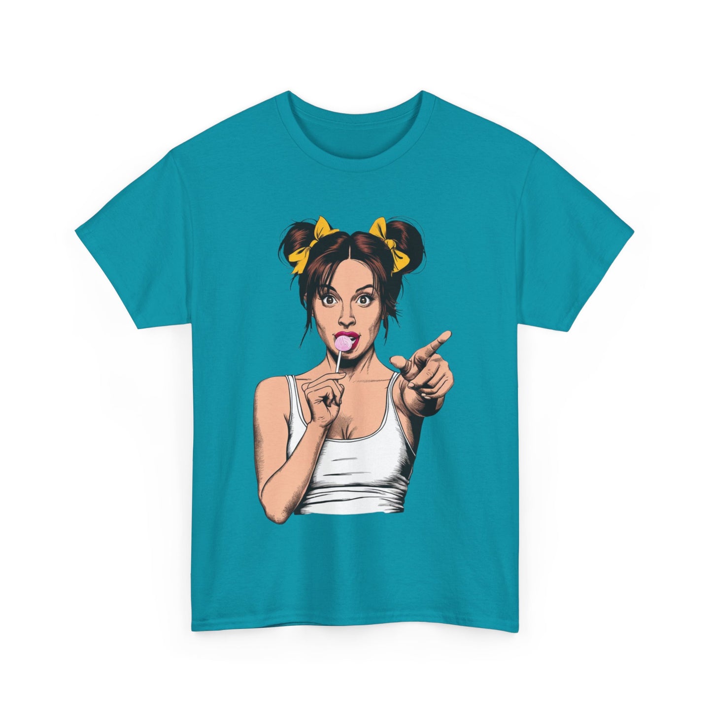 Sexy PopArt Girl with pigtails and Sucker Unisex heavy cotton Tshirt